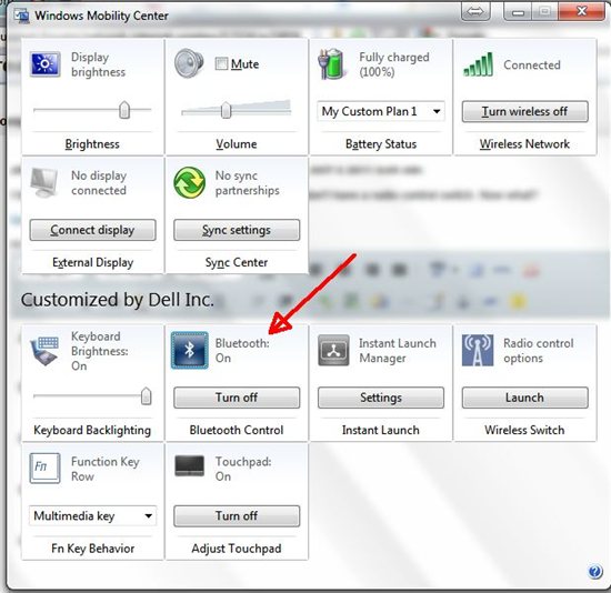проверить активность Bluetooth в Windows Mobility Center на ноутбуках Dell